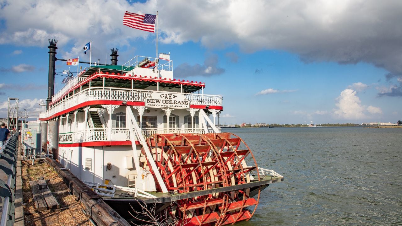 New Orleans, USA - October 24, 2023: Steamboat city of new orleans at the pier at Mississippi River. The steamboat is still in Operation for touristic events.