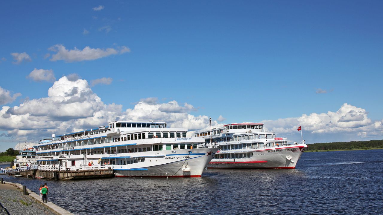 Myshkin, Russia - 19 July 2017: Cruise ships on the Volga river. Myshkin is one of the cities of the Golden ring of Russia and cruise ships stop in the city