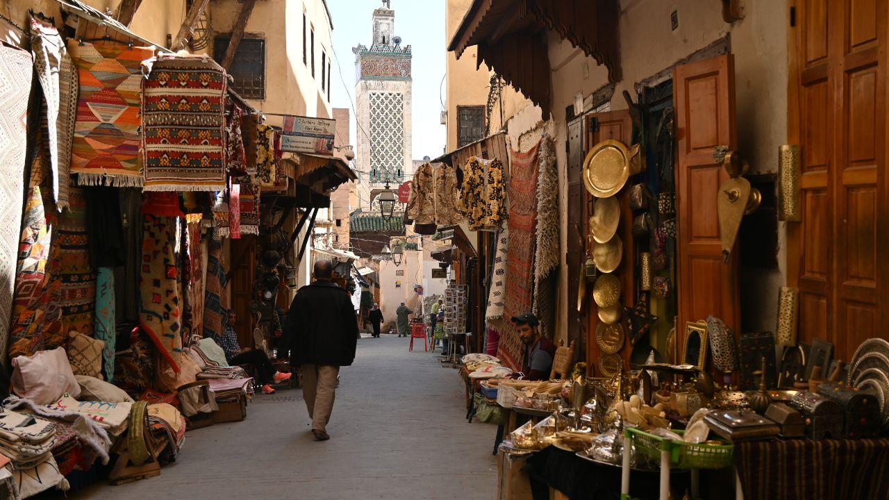 Fes, Morocco - April 23 - View of the bazaar inside Fes el Bali, the ancient walled medina on April 23, 2025 in Fes