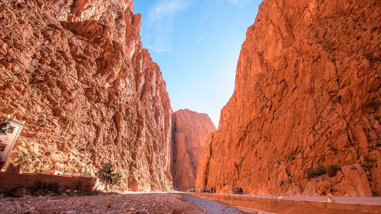 Todgha Gorge or Gorges du Toudra is a canyon in High Atlas Mountains near the town of Tinerhir, Morocco . A series of limestone river canyons, or wadi and neighbor of Dades Rivers