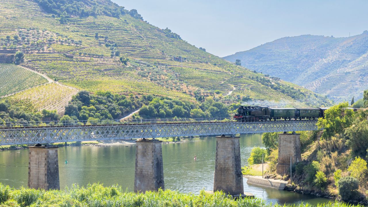 Steam train on railway bridge (Ponte Ferroviaria do Tua), Tua, Alto Douro, Portugal
