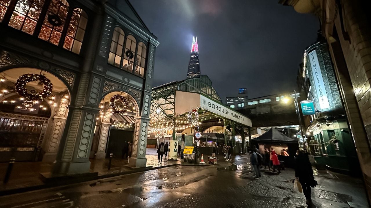 London, UK - 27.12.2023. Borough market in London. Facade of Borough Market in Southwark. View from Stoney street. Stalls at the Borough Market in Southwark, London. The Borough Market is a famous ret