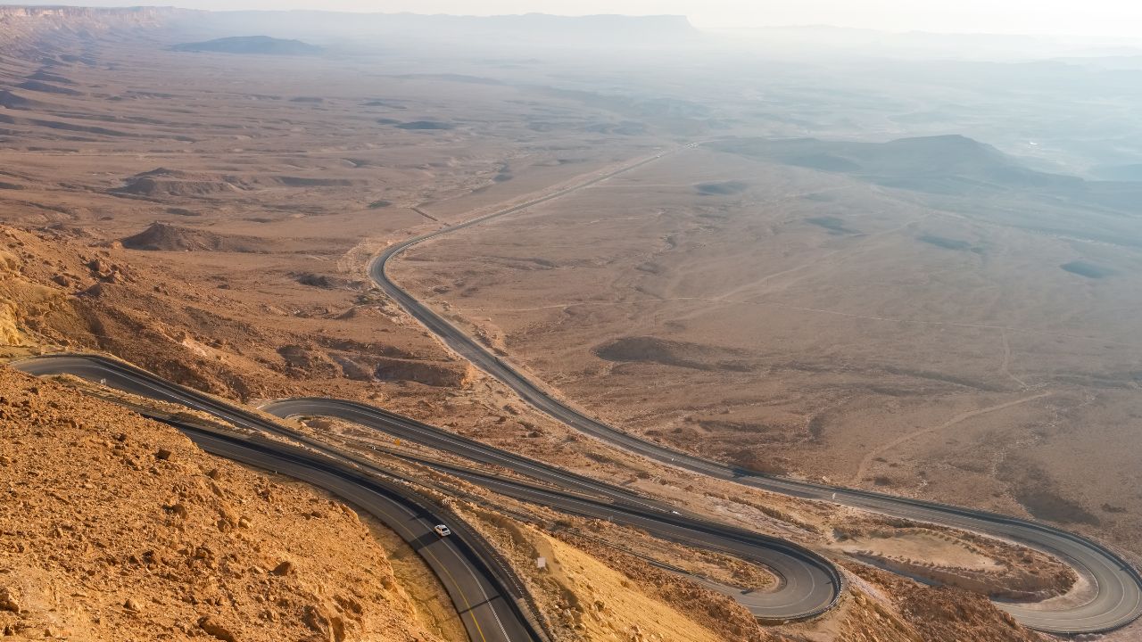 Higway at Ramon Crater (Makhtesh Ramon) in Negev Desert in Mitzpe Ramon, Israel