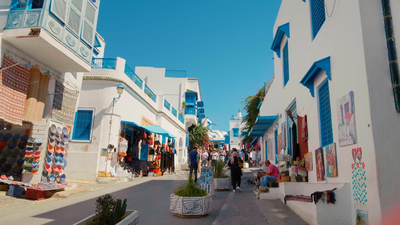 Sidi Bou Said, Tunisia - 2022: Traditional Sidi Bou Said houses. City architecture blue and white. Colorful streets Tunis. Holiday destination. Sights of Tunis.