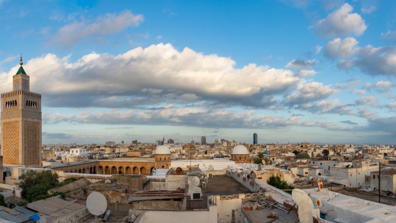 Tunis, Tunisia - November 15th, 2024: A panorama of the Al-Zaytuna Mosque and the Medina of Tunis.