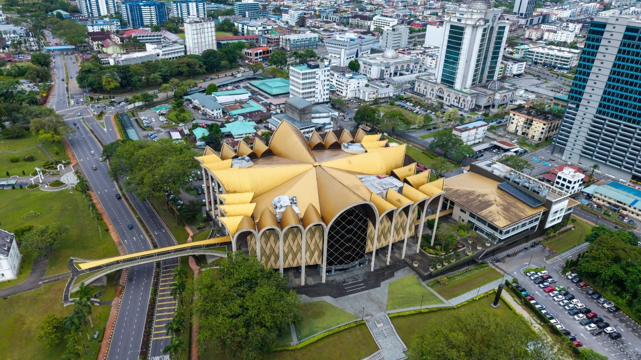 Kuching, Sarawak, Malaysia - April 15, 2025 : Aerial view of The exterior view of Borneo Cultures Museum