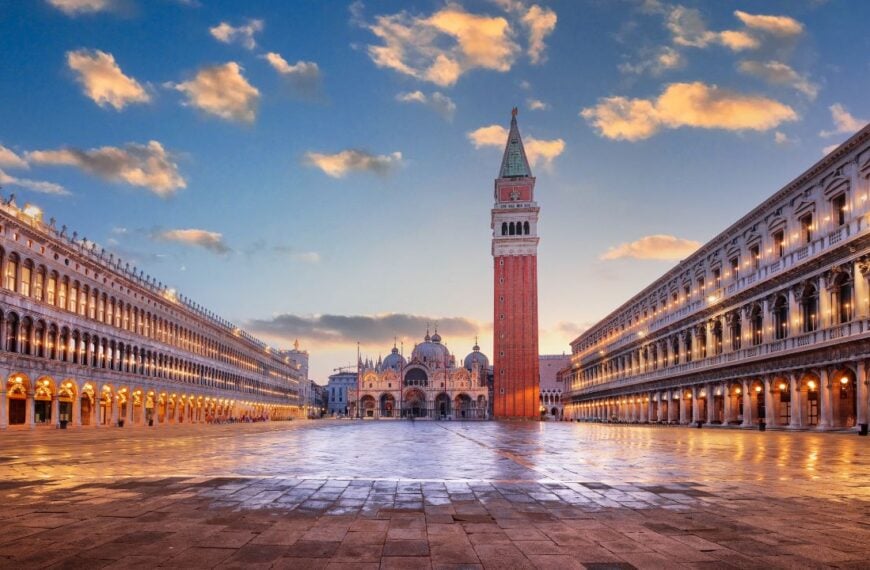 Venice, Italy at St. Mark's Square with the Basilica and Bell Tower at twilight.