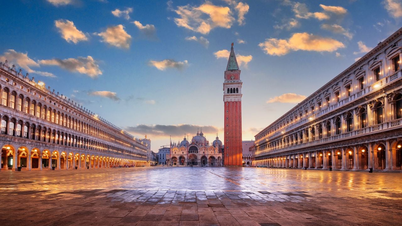 Venice, Italy at St. Mark's Square with the Basilica and Bell Tower at twilight.