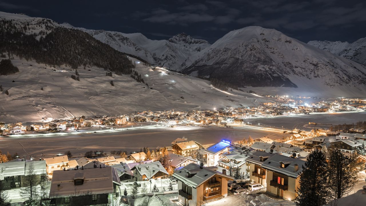 Alpine Ski Resort At Night, Winter Scenery, Livigno, Italy