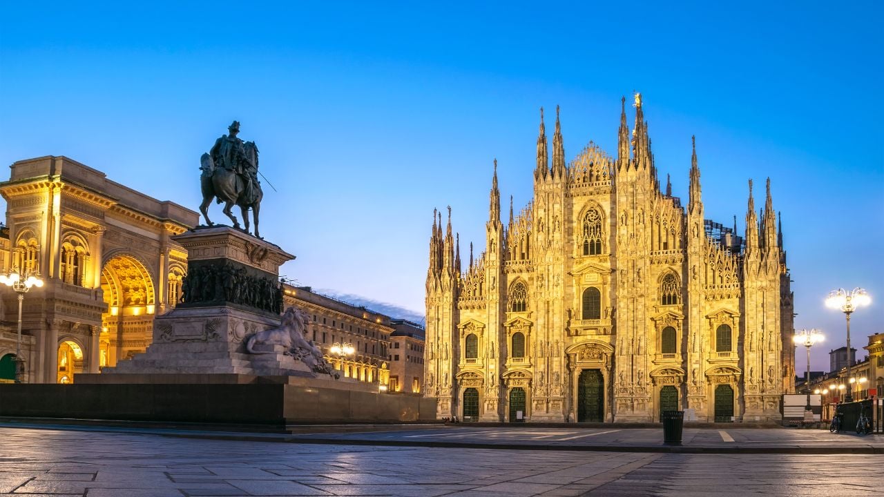 Milan Italy, night city skyline at Milano Duomo Cathedral