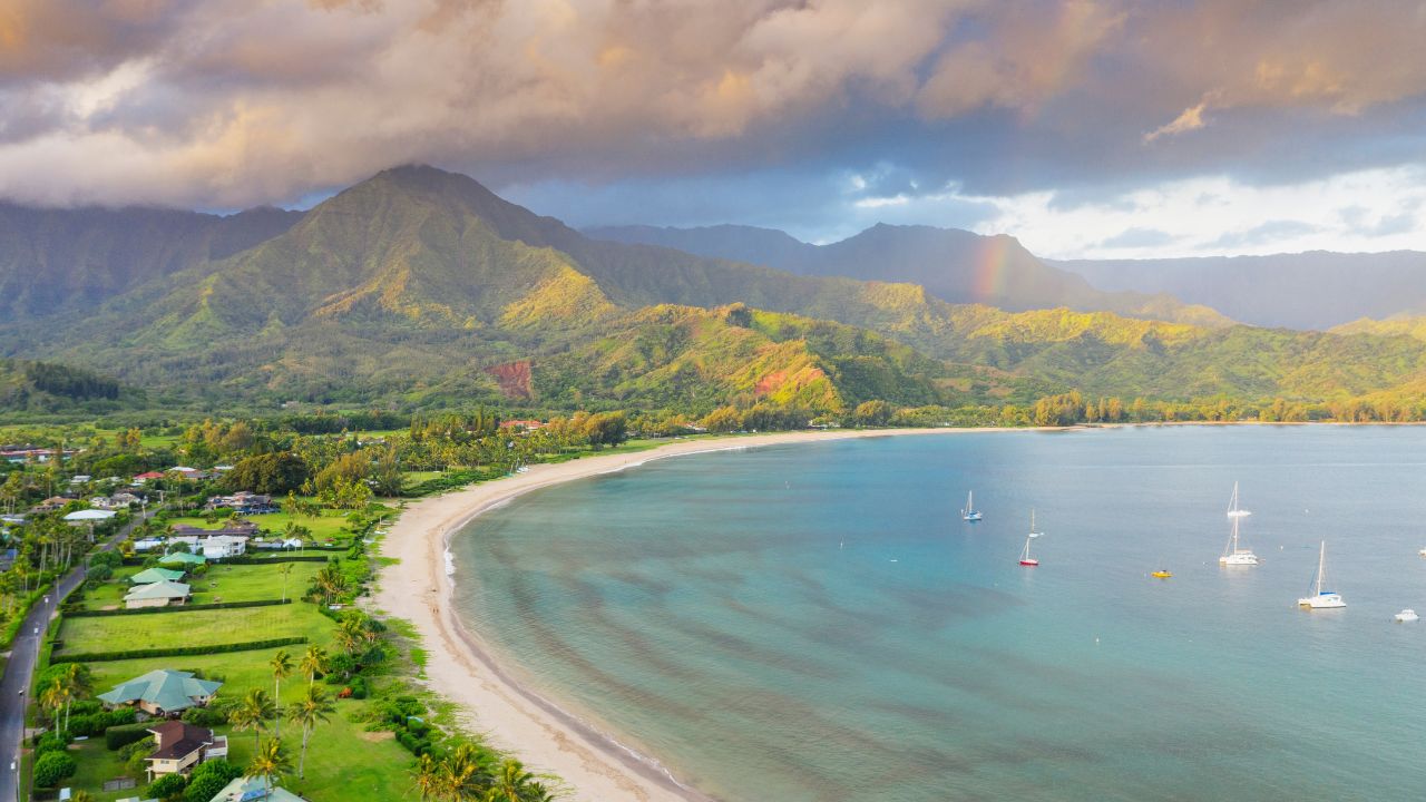 Aerial view by drone of hanalei bay, kauai island, hawaii, united states of america, north america