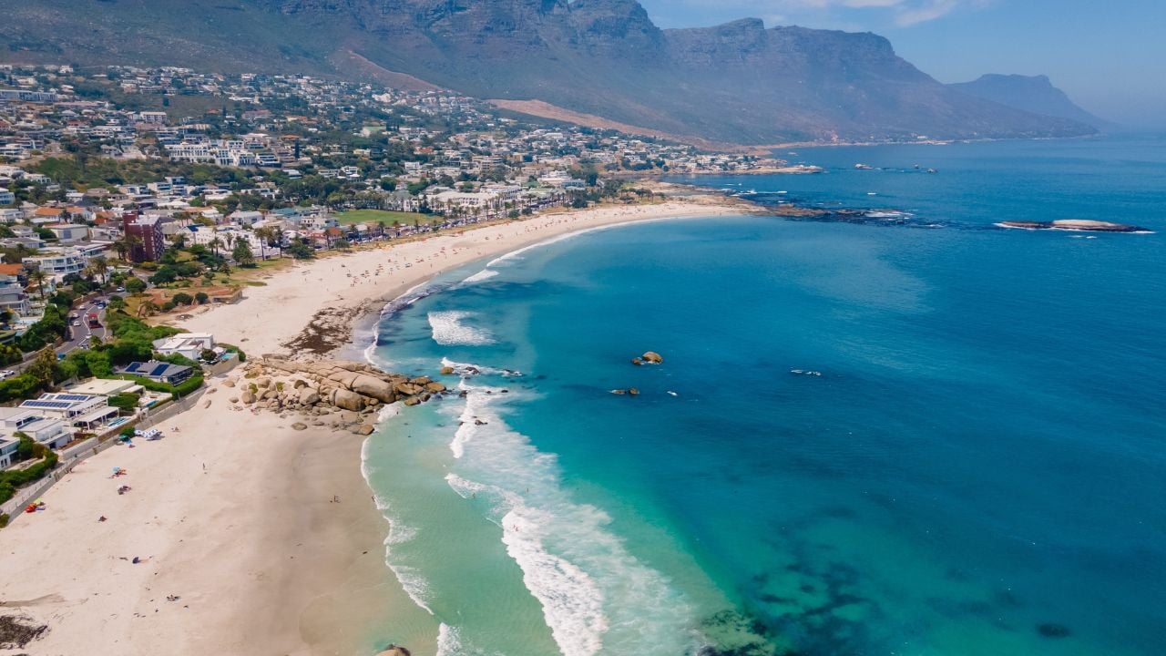Camps Bay beach Cape Town from above with drone aerial view, Camps Bay Cape Town