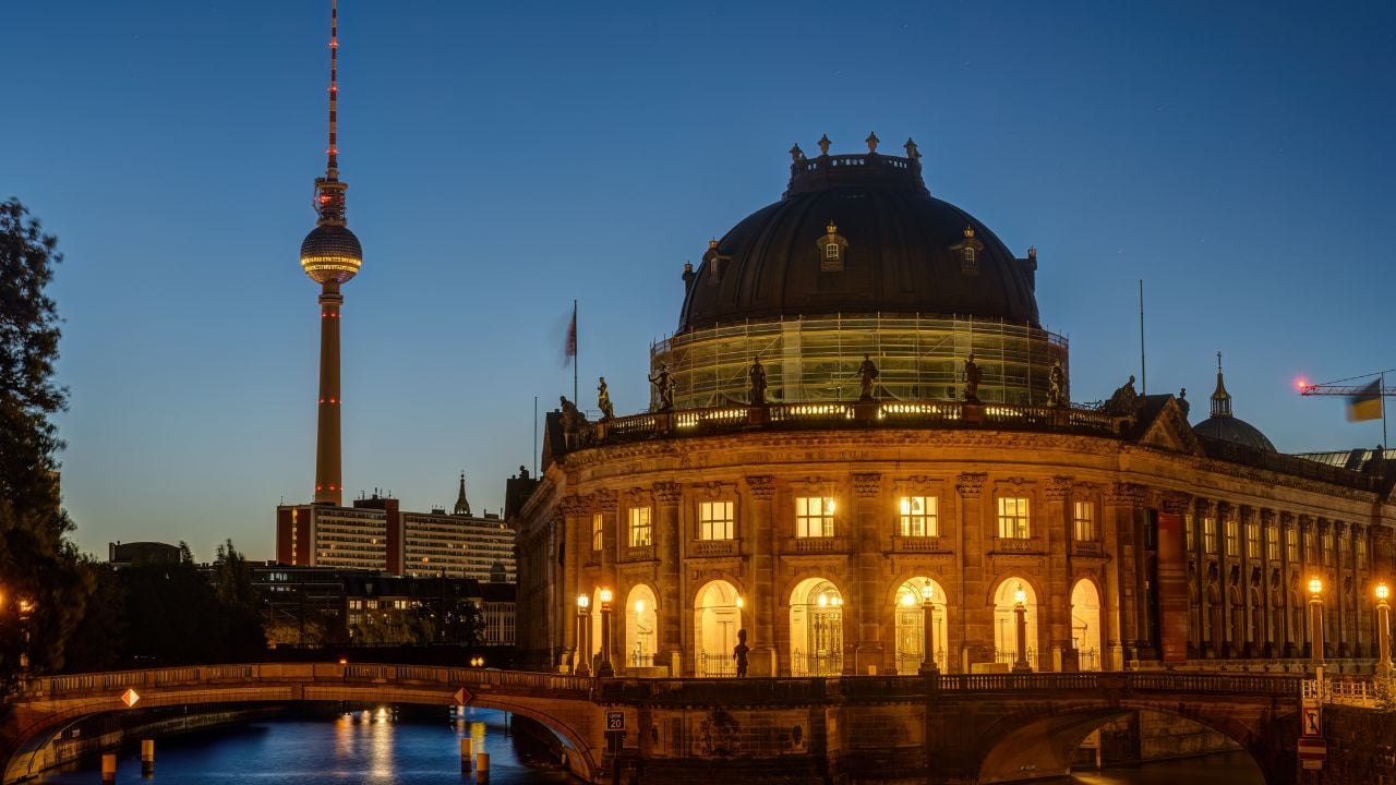 The Bode Museum in Berlin at dawn with the famous TV Tower in the back