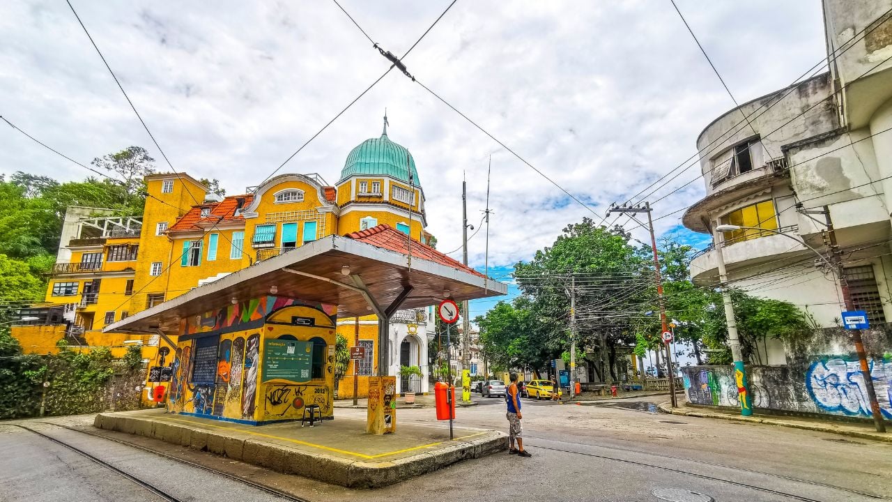 Rio de Janeiro State of Rio de Janeiro Brazil 08. December 2020 Santa Teresa Town City Downtown Street Streets Road and Cityscape Panorama with Tourism Buildings Cars and People in Brazil.