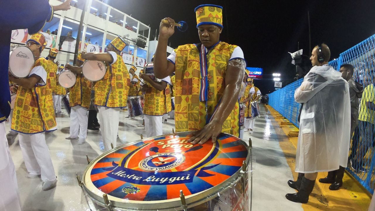 Rio, Brazil - February 21, 2020: parade of the samba school Vigario Geral, at the Marques de Sapucai Sambodromo