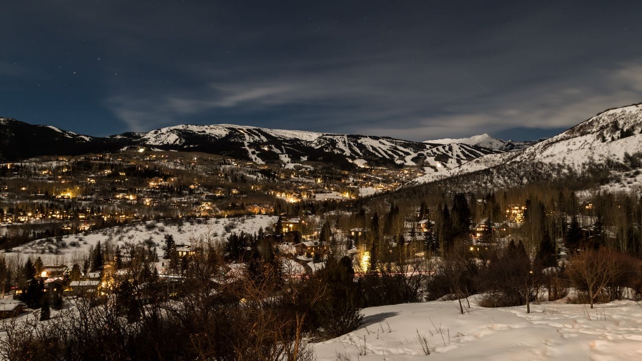 The Snowmass village at night in Aspen, Colorado, USA