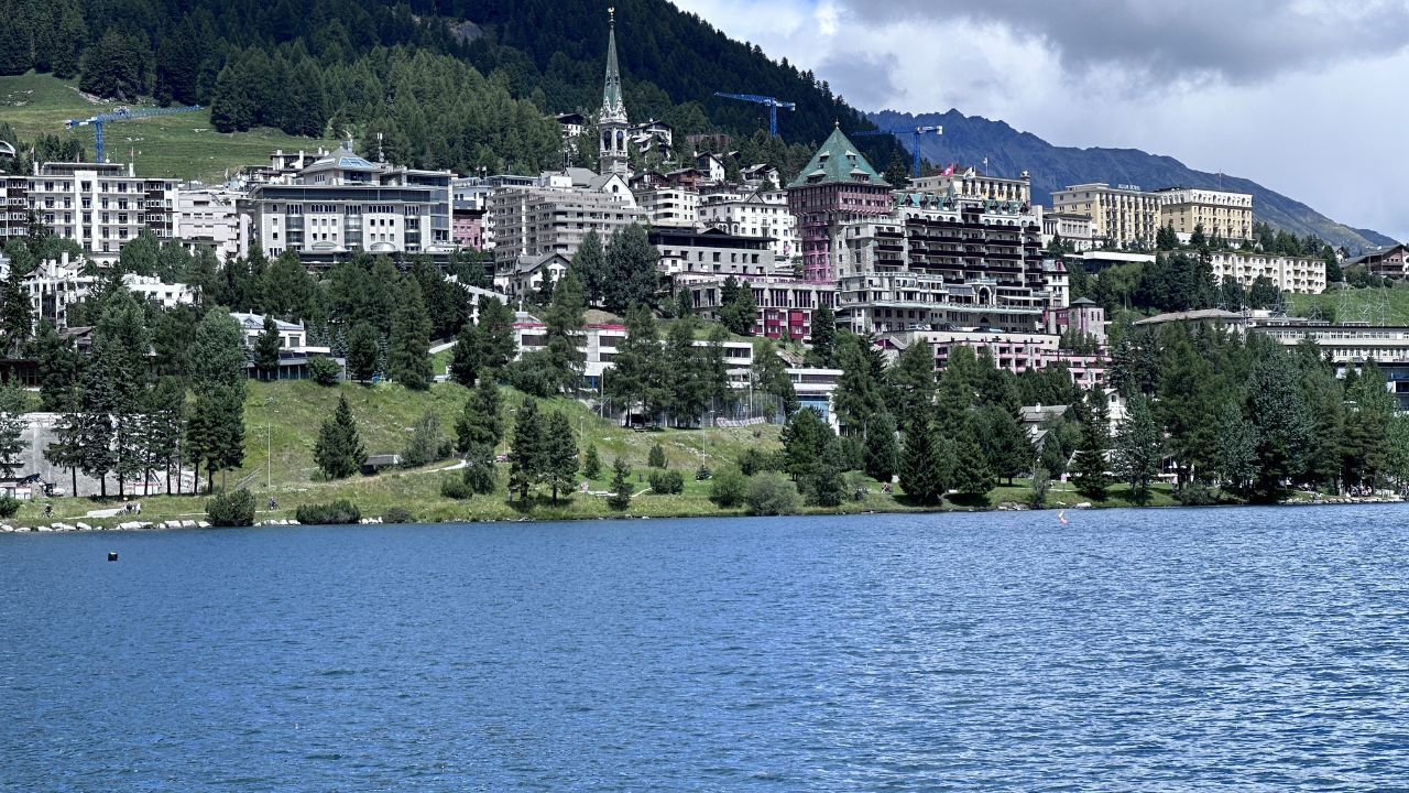 St Moritz Switzerland Thursday 30th July 2025. Famous alpine ski and hiking centre. Views of the lake and surrounding hills. Views of the hotels and shopping precinct. Town signage.