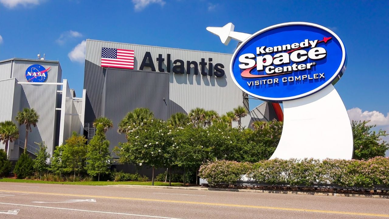 CAPE CANAVERAL, FLORIDA - JUNE 14th: Entrance sign to the Kennedy Space Center Visitor Complex in Cape Canaveral, Florida on June 14th, 2016.