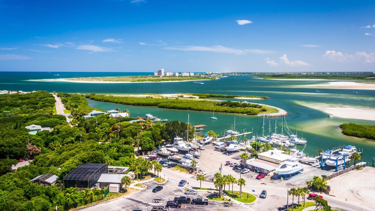 View of Ponce Inlet and New Smyrna Beach from Ponce de Leon Inlet Lighthouse, Florida.