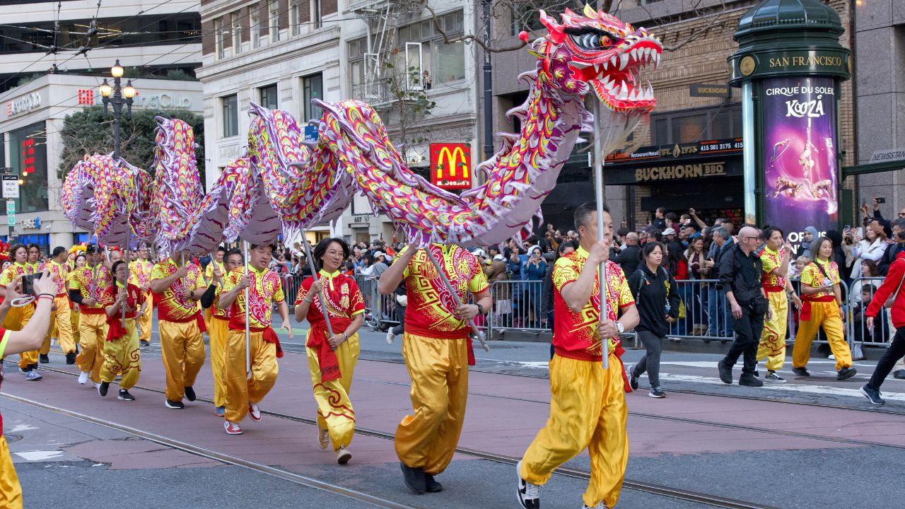 San Francisco, CA - Feb 24, 2024: Unidentified participants in the Chinese New Year Parade, one of the world's top 10 parades and the largest celebration of its kind outside Asia