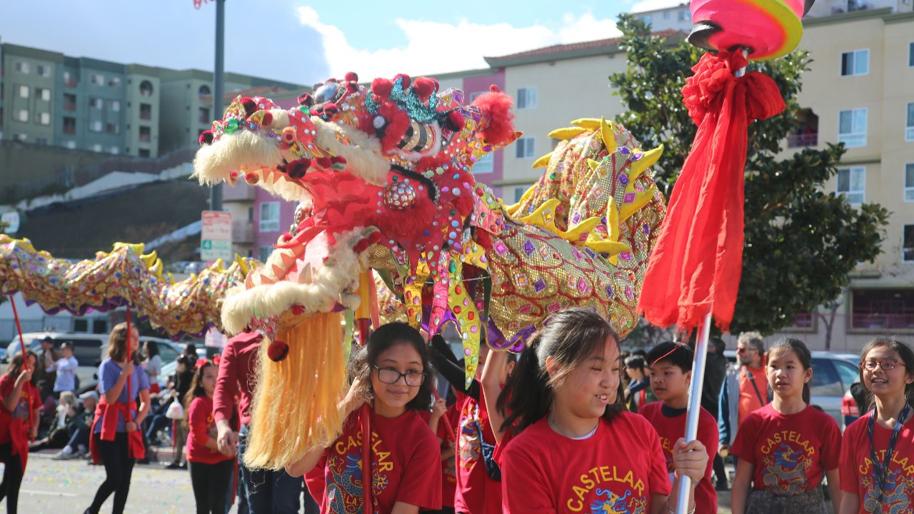 LOS ANGELES - FEBRUARY 9, 2019: Golden Dragon Parade in the streets of China Town Los Angeles. Costumed characters dance and perform for the audience at the Chinese New Year celebration 2019.