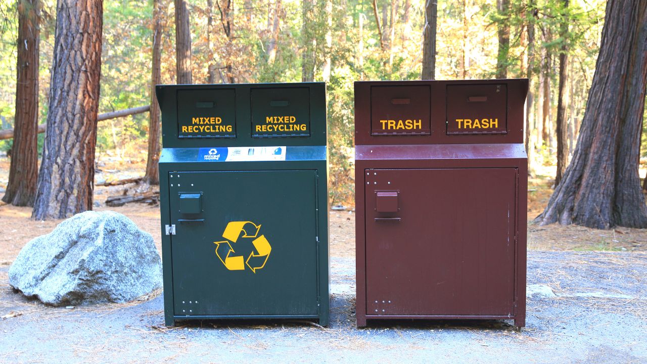 Metal Recycle Bin and Trash Can in Yosemite Valley