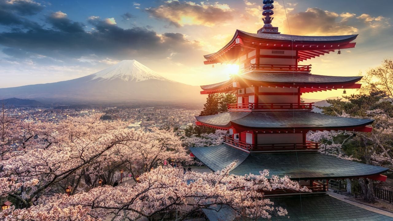 Fujiyoshida, Japan, with Chureito Pagoda and Mount Fuji at sunset