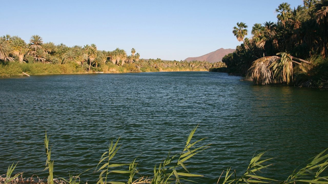 Laguna (lagoon) de San Ignacio with vulcano Las Tres Virgenes in the background, San Ignacio, Baja California Sur, Mexico