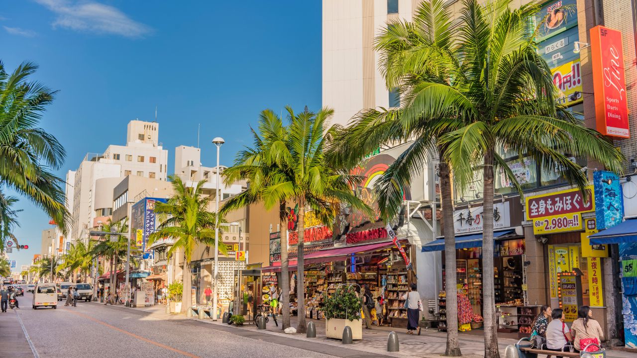 American Village, Japan - September 17 2018: Kokusai dori street which means international street very popular with tourists in the city of Naha in Okinawa