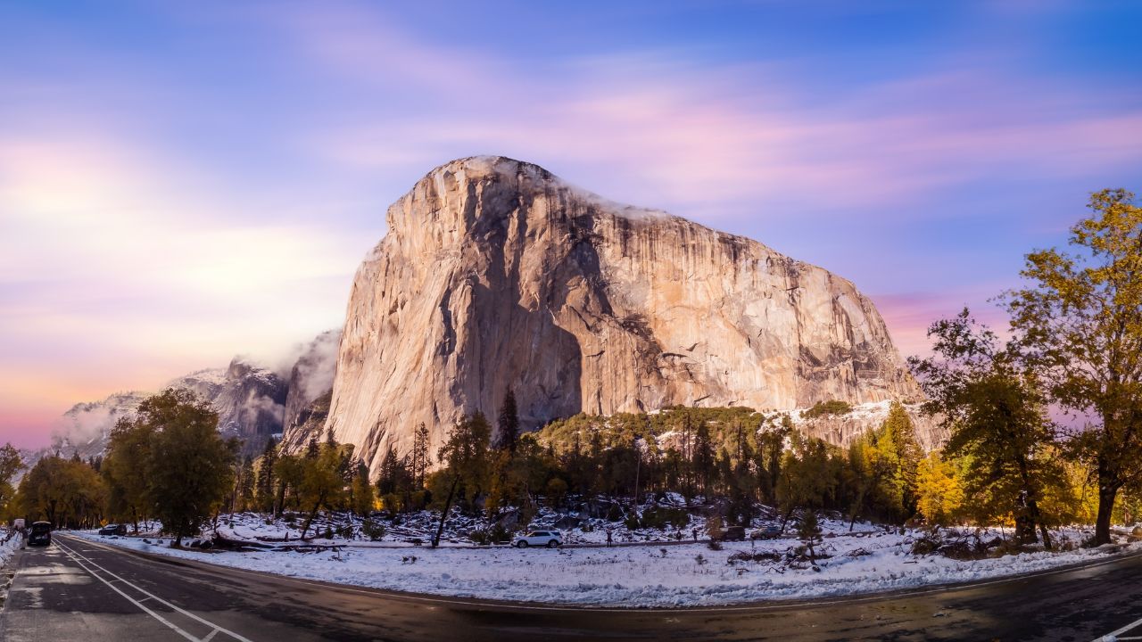 Road trip with snow in California's Yosemite National Park, California, USA.