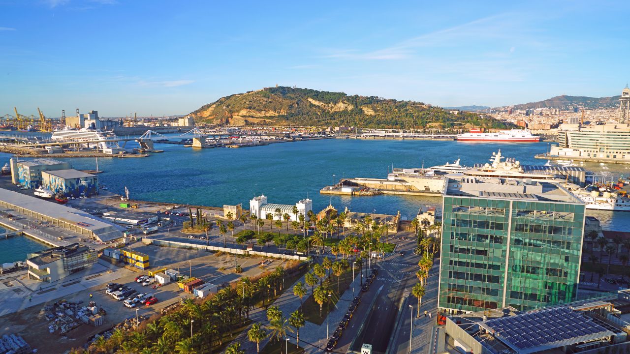 BARCELONA, SPAIN -4 JAN 2018- View of a giant cruise ship seen from the W Hotel in the port of Barcelona, the capital of Catalonia in Spain.