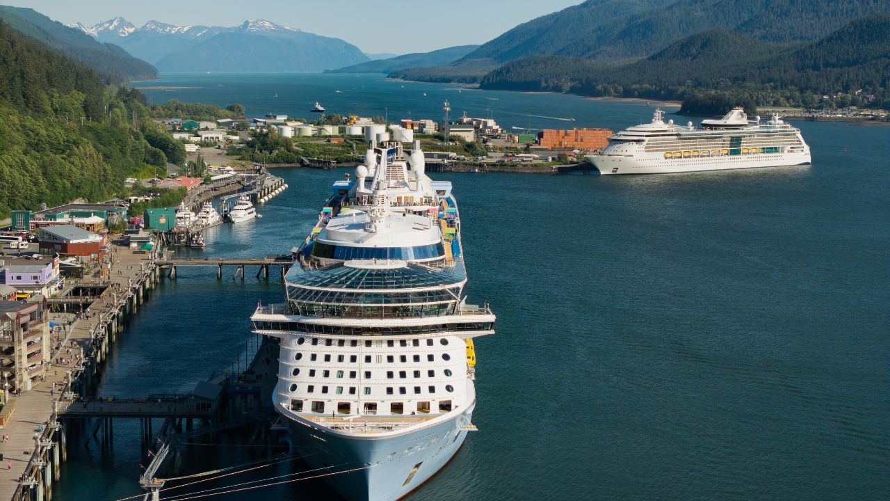 Aerial view of cruise ships in port at Juneau, Alaska