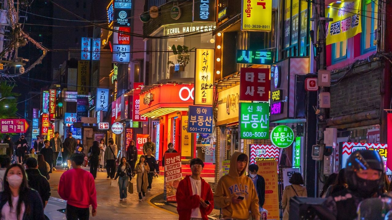 SEOUL, SOUTH KOREA - APRIL 9, 2023 : Crowds at the Gangnam district nightlife in Seoul