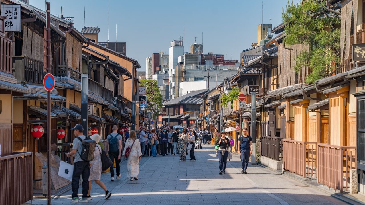Kyoto, Japan - May 13 2025: Buildings at Gion District in Kyoto, Japan