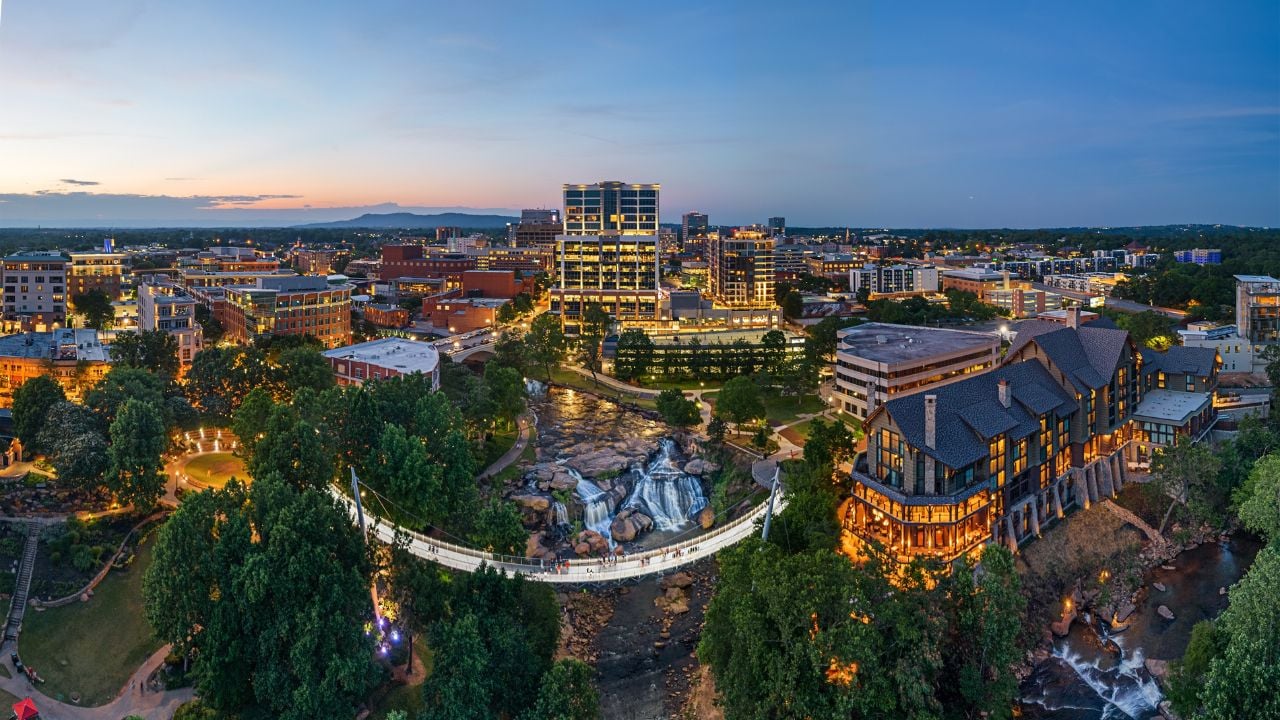 Falls Park on the Reedy in Greenville, South Carolina, at dusk
