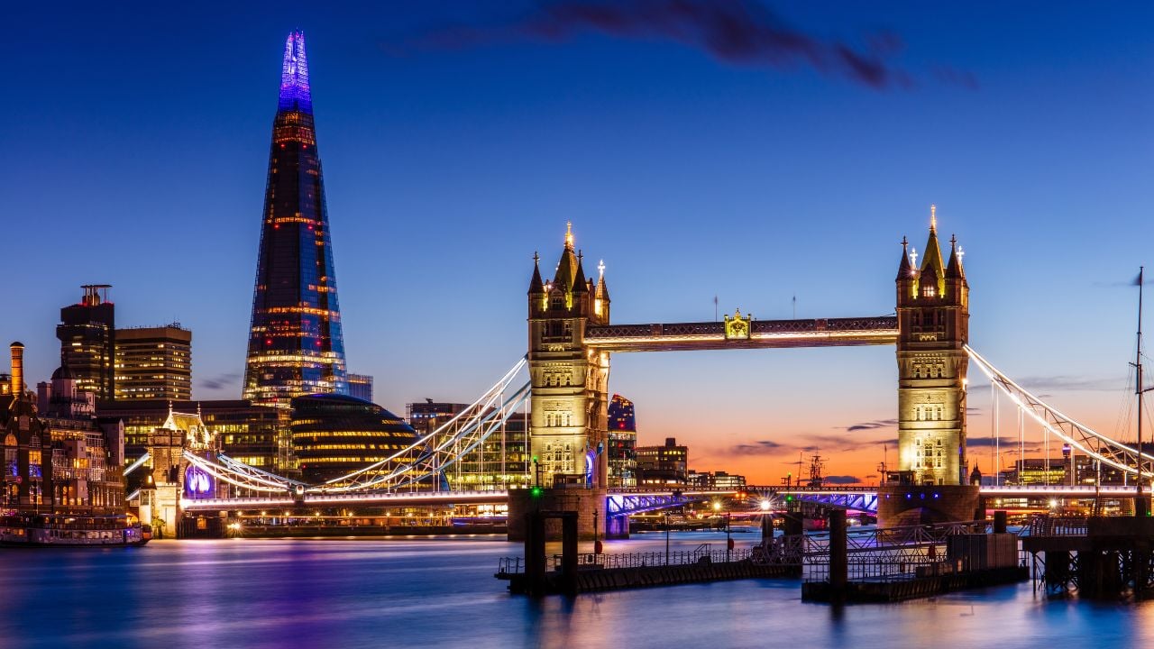 Tower Bridge and The Shard at sunset, London, England, United Kingdom, Europe