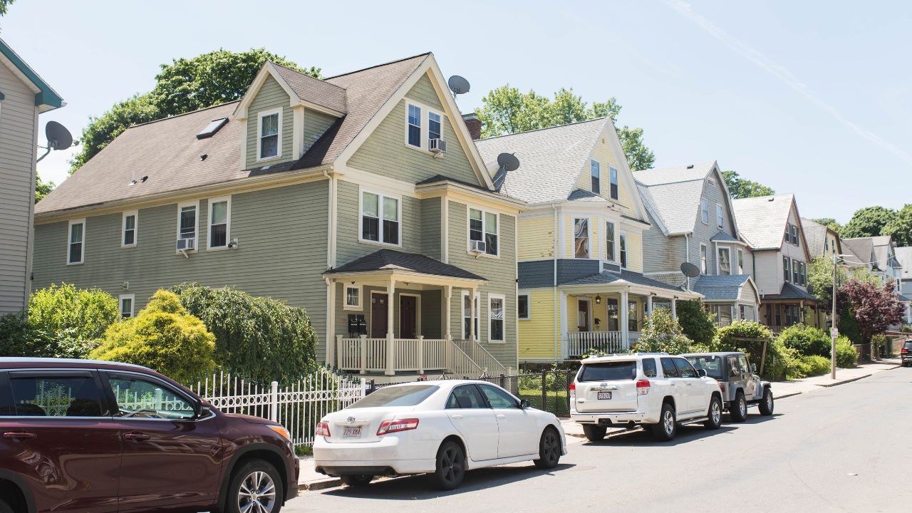 BOSTON, MASSACHUSETTS - JUNE 14, 2018: Real estate background photo from the South Boston neighborhoods where the market for houses, rentals, and condo units is growing rapidly.
