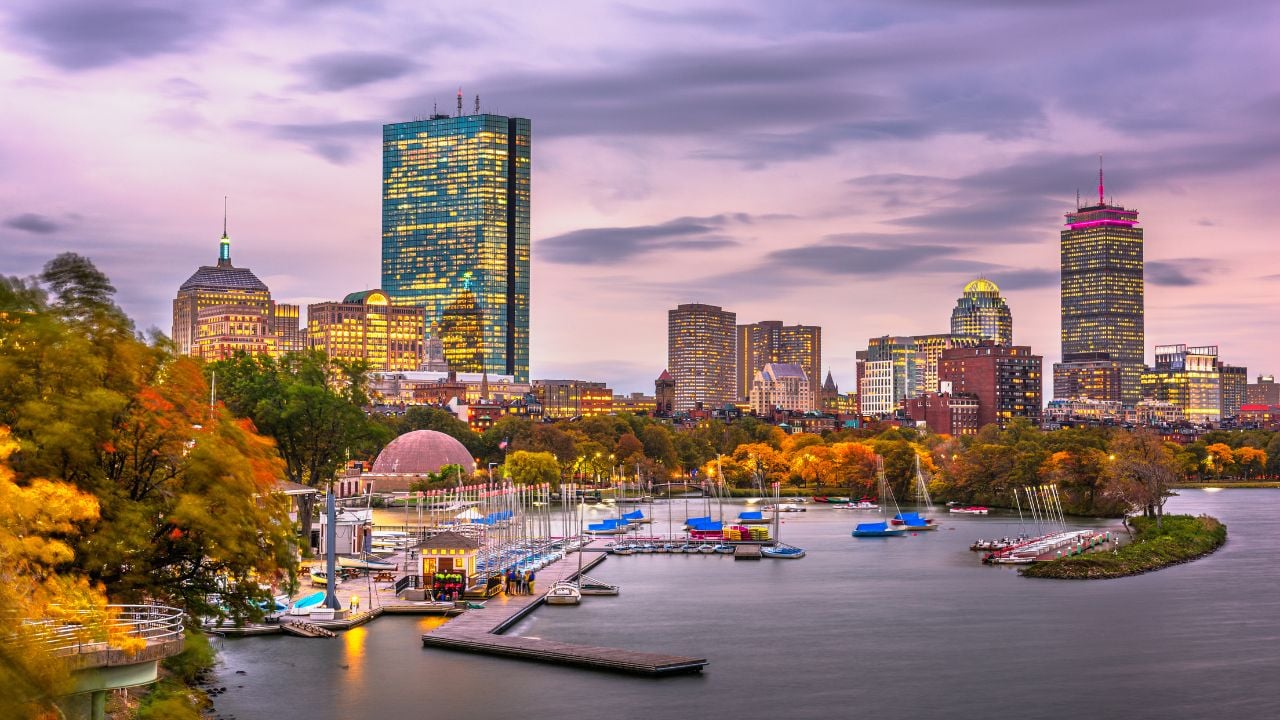 Boston, Massachusetts, USA skyline on the Charles River at dawn.