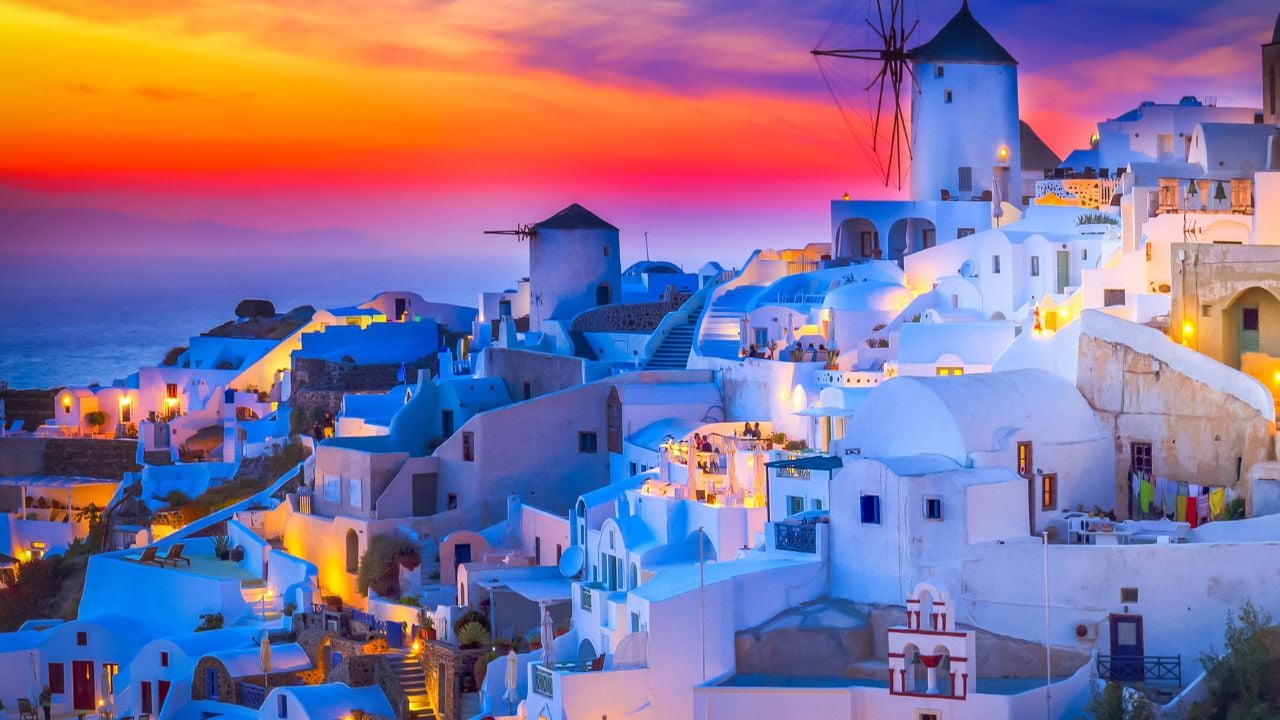 Oia village lights at night on Santorini, Greece