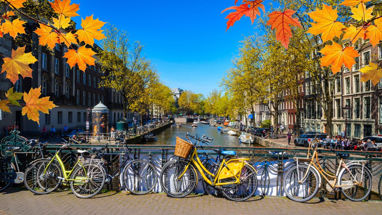 Bikes on a bridge over an Amsterdam canal