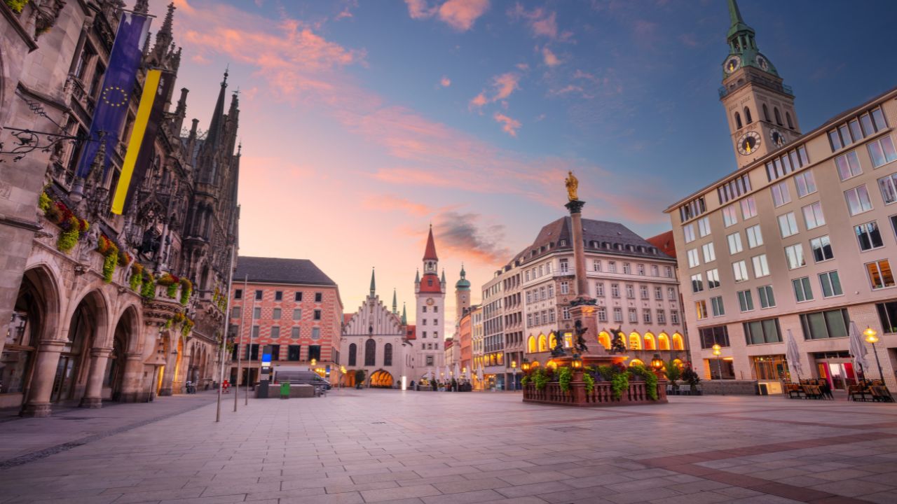 Munich, Germany. Cityscape image of downtown Munich, Germany with Marienplatz at beautiful autumn sunrise.