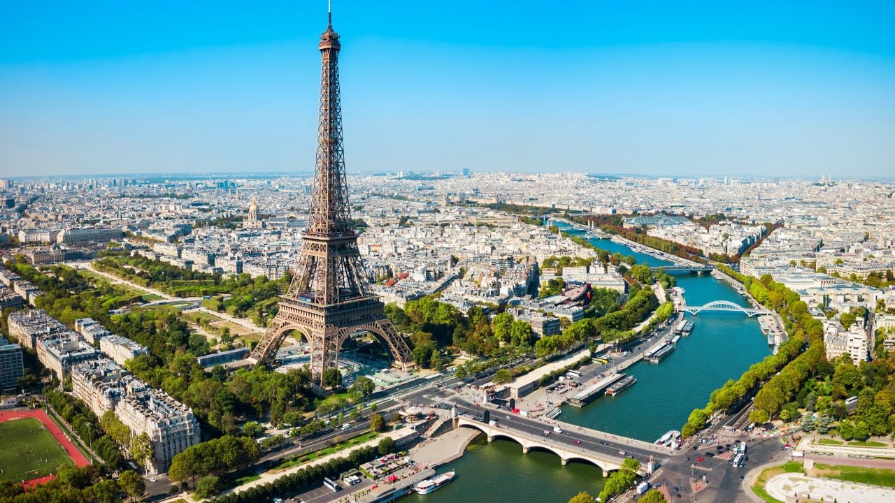 Aerial view of the Eiffel Tower and Paris, France