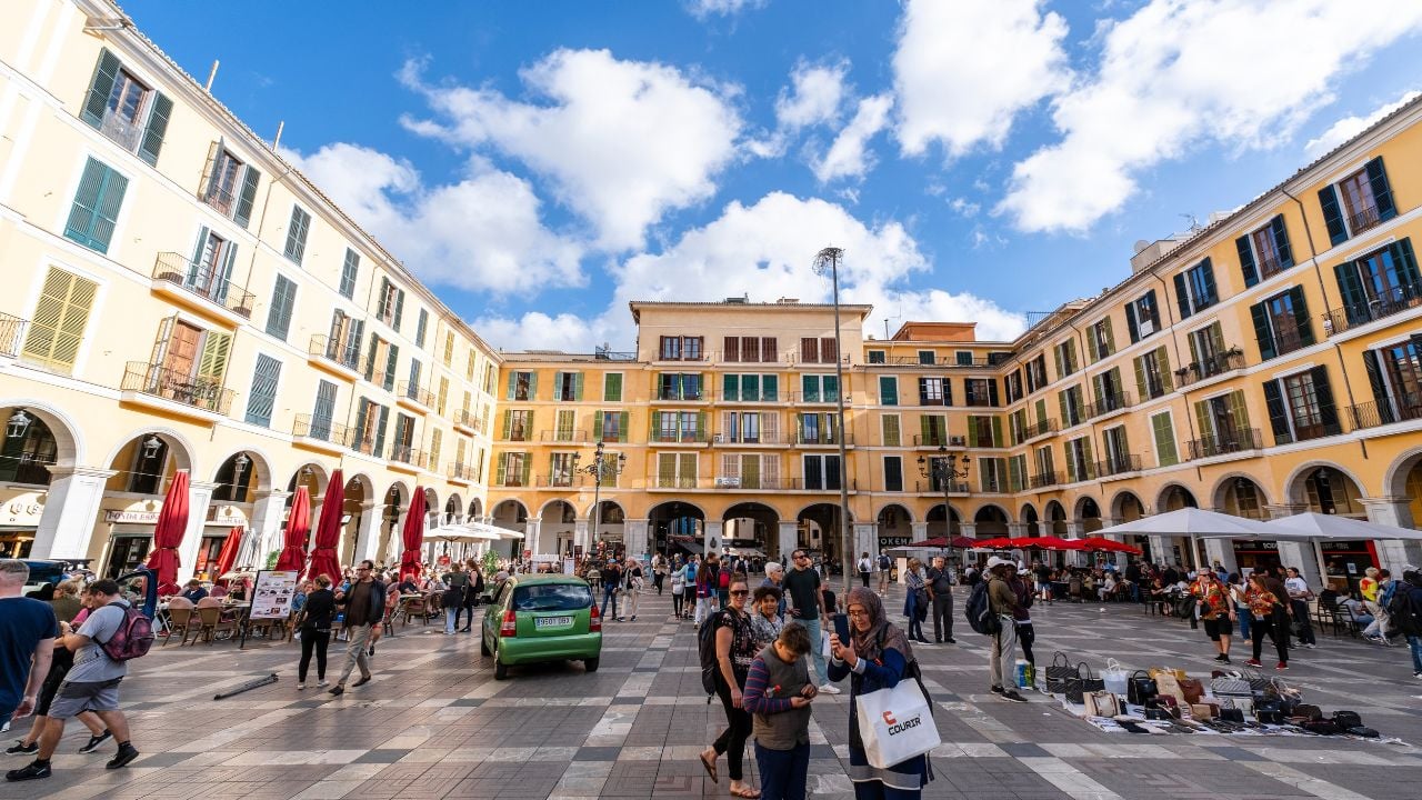 Palma de Mallorca, Spain - October 30 2023: crowded beautiful square in Palma de Mallorca