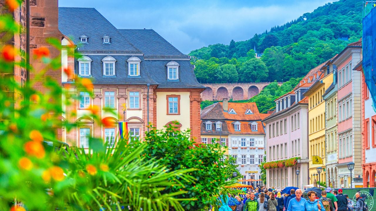 Heidelberg, Germany, August 12, 2017: people tourists walking down pedestrian street with typical german houses with colorful walls in Heidelberg Old town historical centre, Baden-Wurttemberg state