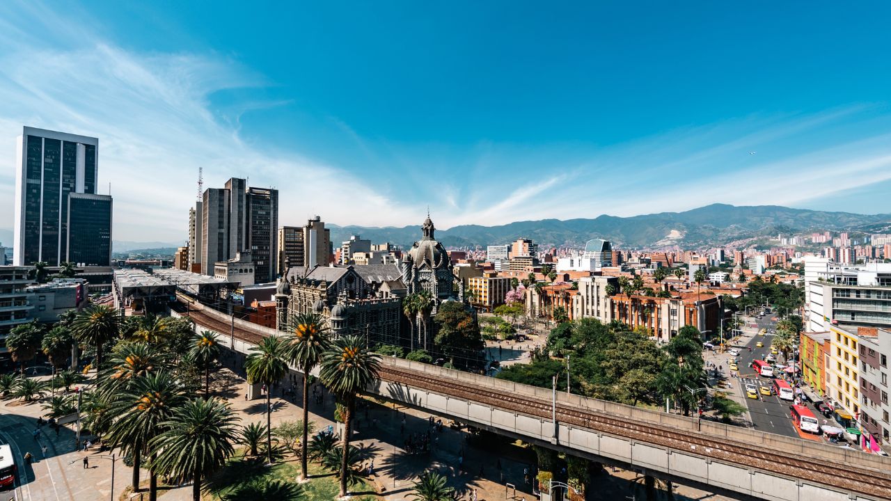 Medellin, Antioquia, Colombia. January 17, 2024: Palace of Culture and Medellin Metro.