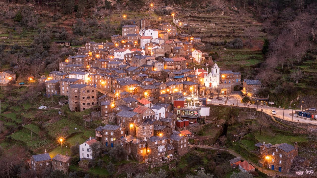 Beautiful landscape of the historic village of Piódão in Portugal at dusk.
