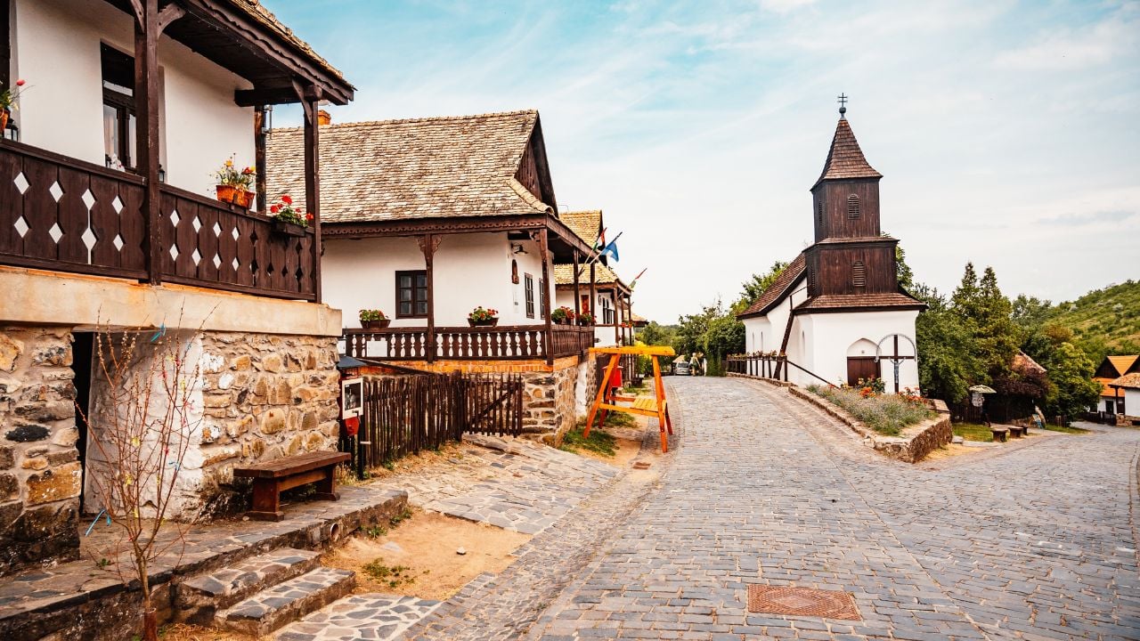 Historical village center of Holloko, region Northern Hungary. unesco. Traditional catholic church of Holloko