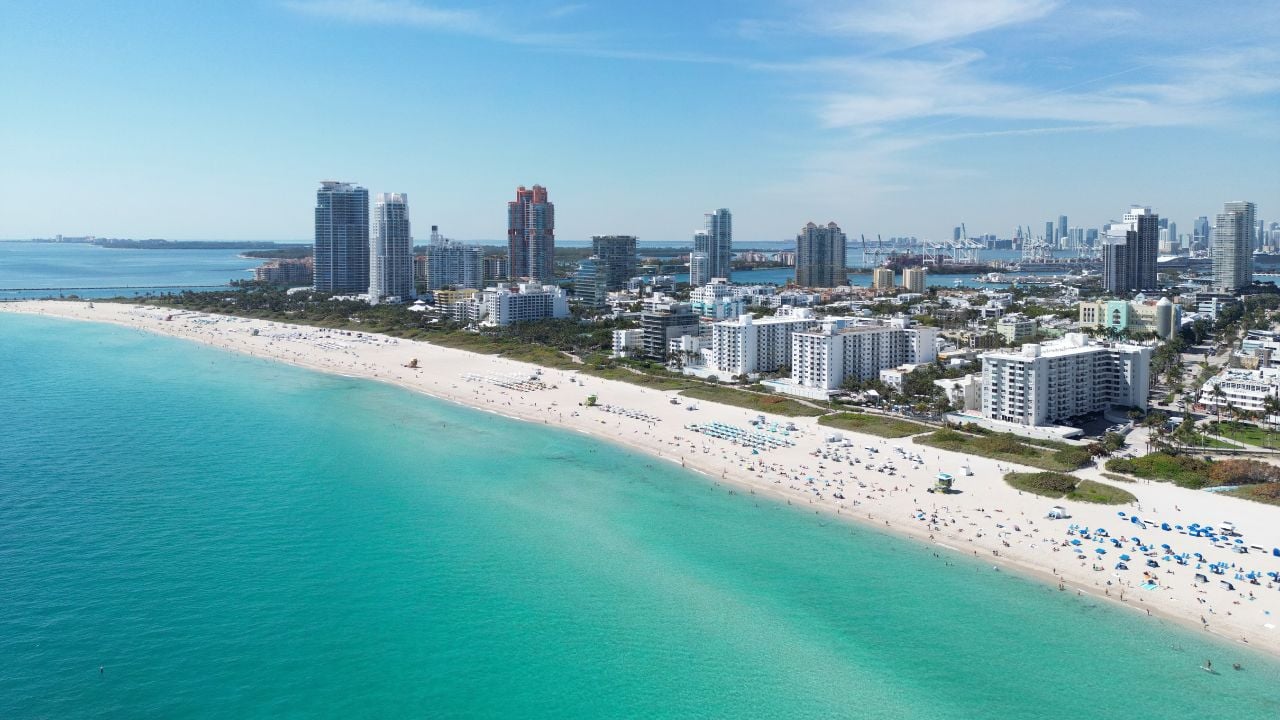 Miami Beach cityscape and shoreline in summer.