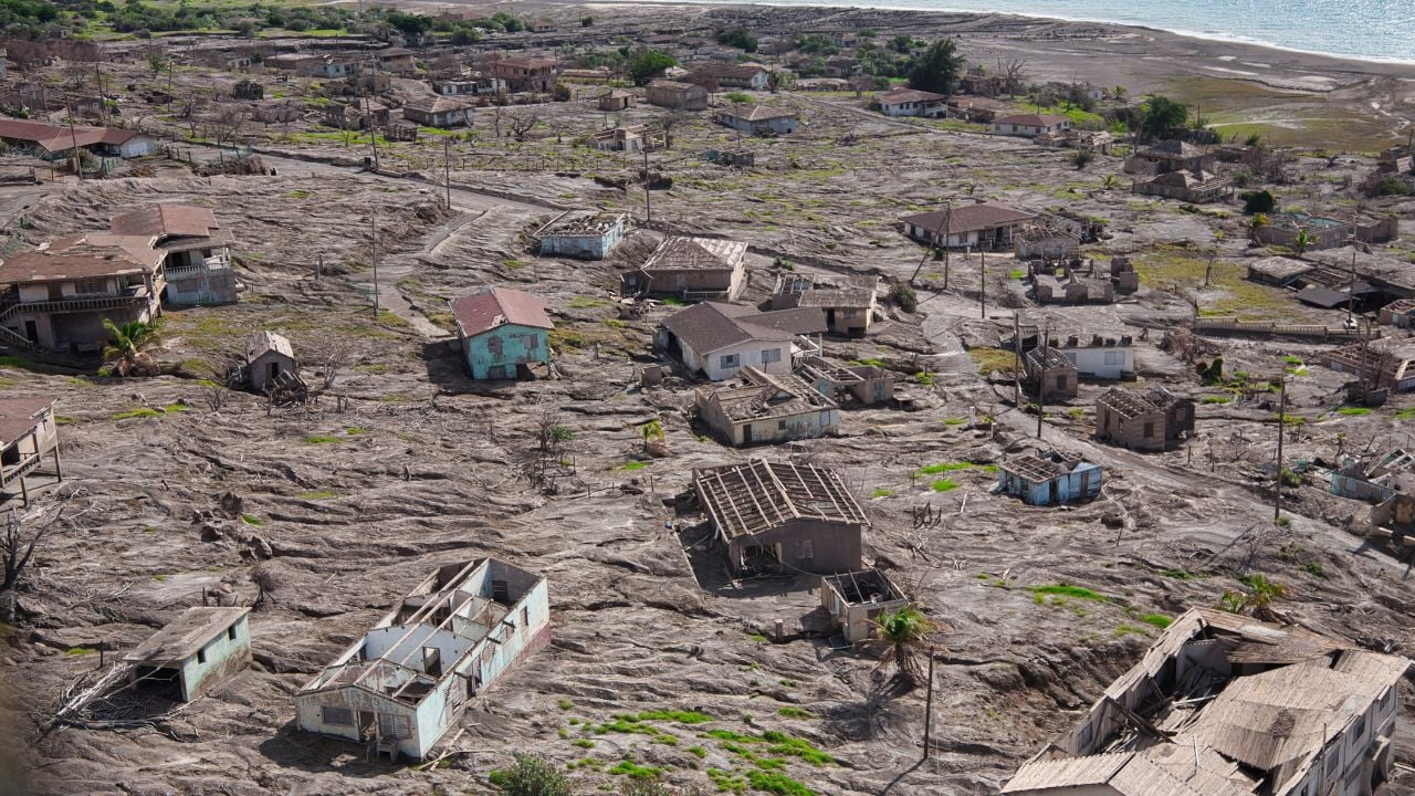 Plymouth, the old Capital of Montserrat in the Caribbean, West Indies, buried under mud and lava flows from the Soufriere Hills volcano in 1997 and subsequent years.