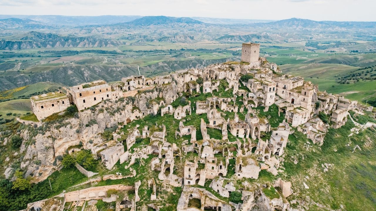 View of Craco, a ghost town in the province of Matera, Basilicata, Italy